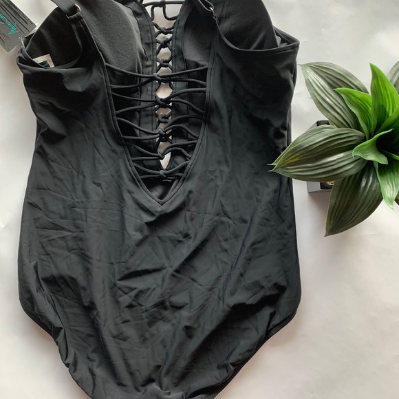 Aqua Green Black Strappy One Piece Swimsuit - Picture 4 of 9